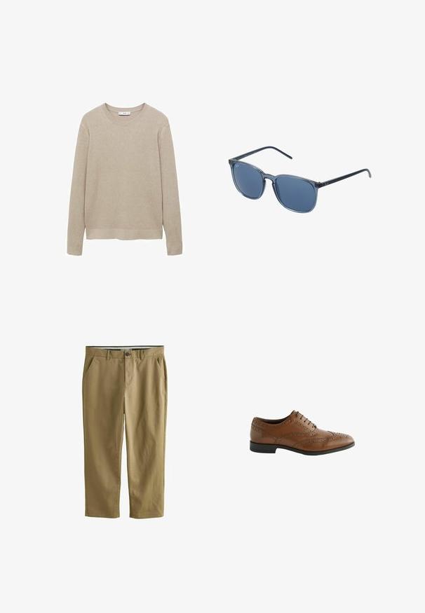 Beige ribbet striktrøje med lange ærmer, rund halsudskæring og afrundet kant. Stoffet fremstår blødt med et struktureret mønster.; Khaki chinos lavet af en bomuldsblanding, med to sidelommer, knaplukning, lige ben og en glat tekstur.; Brune lædersko med indviklede broguing-detaljer, rund tå og flad hæl. Har fem snøringsøjer og en glat overflade.; Blå rektangulære solbriller med grå tonede linser, plastikramme, metalliske accenter og en mat finish på stængerne.