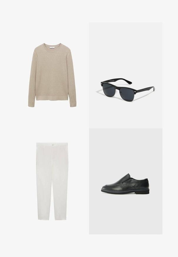 Beige ribbed knit sweater with long sleeves, round neckline, and cut-off hem. Fabric appears soft with a textured pattern.; Mango Chinos - white; Black leather slip-on shoe with a smooth upper, stitched accents, rounded toe, and a low rubber heel. Sole features minimal tread.; Black sunglasses with a rectangular shape, dark lenses, silver accents at the temples, and a matte finish on the frame.