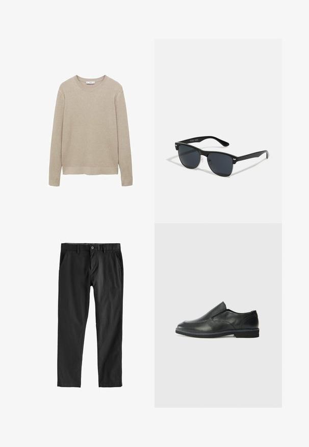 Bež pulover iz rebrastega pletenega materiala z dolgimi rokavi, okroglo ovratnico in odrezanim robom. Tkanina se zdi mehka s teksturiranim vzorcem.; Črne hlače iz gladkega materiala, z gumbom za zapiranje, stranskimi žepi in ravnim krojem. Brez vidnih vzorcev ali teksture.; Črne usnjene natikače z gladkim zgornjim delom, prišitimi detajli, zaobljenim nosom in nizkim gumijastim petkom. Podplat ima minimalen profil.; Črne sončne naočare pravokotne oblike, temna leča, srebrni detajli na ušesih in mat površina na okvirju.
