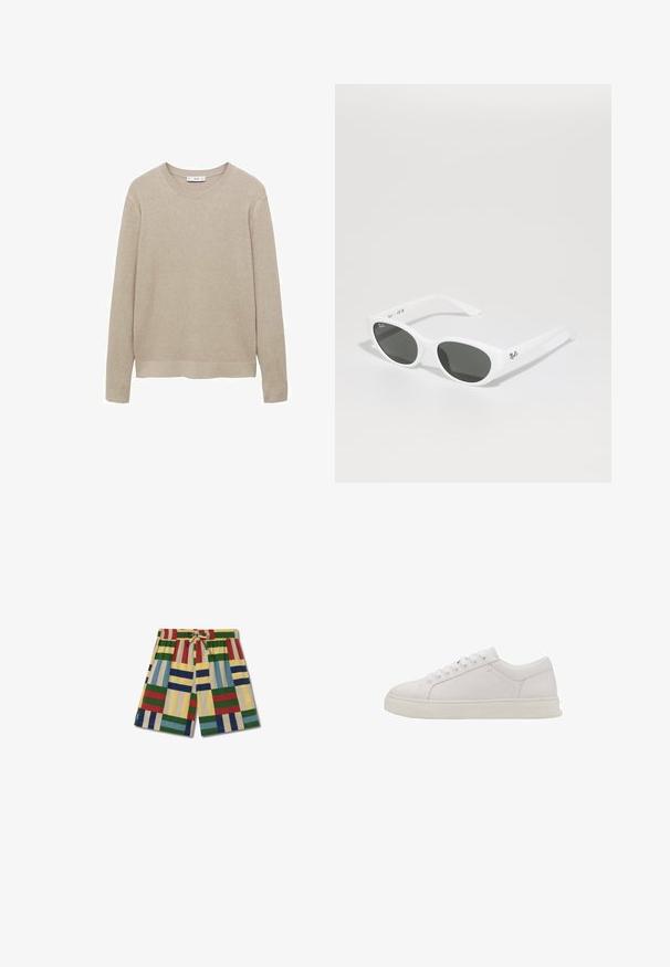 Bežani rebrasti pleteni džemper s dugim rukavima, okruglim izrezom i izrezanim rubom. Tkanina izgleda mekano s teksturiranim uzorkom.; Thinking Mu HENRY - Kupaće hlače - pale yellow; Bijele kožne tenisice s okruglim vrhom, ravnim potplatom i šest rupa za vezanje. Imaju glatku teksturu i minimalistički dizajn. Nema vidljivih uzoraka ili naglasaka.; Bijele sunčane naočale s okruglim okvirima i tamnim lećama. Imaju glatku plastičnu teksturu i mali logotip na ručki.