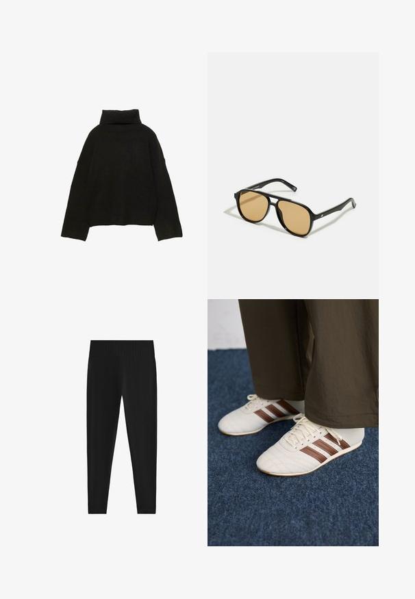 Sort oversized turtle-neck sweater lavet af blødt strikmateriale, med en ribkantet krave og manchetter, afslappet pasform og uden pynt.; Sorte leggings lavet af et strækbart stof. Har en bred, ribbet talje og en tætsiddende silhuet, der snævrer ind ved anklerne.; Hvide sneakers med brune striber, iført brune bukser på et blåt tæppe.; Sorte solbriller med brune tonede linser; rektangulær form med en tyk ramme, herunder diskrete hardwaredetaljer på stængerne.; Sort faux læder håndtaske med en unik halvmåneform, et bredt, polstret håndtag og en lynlåslukning. Glat, blank tekstur og minimalistisk design.