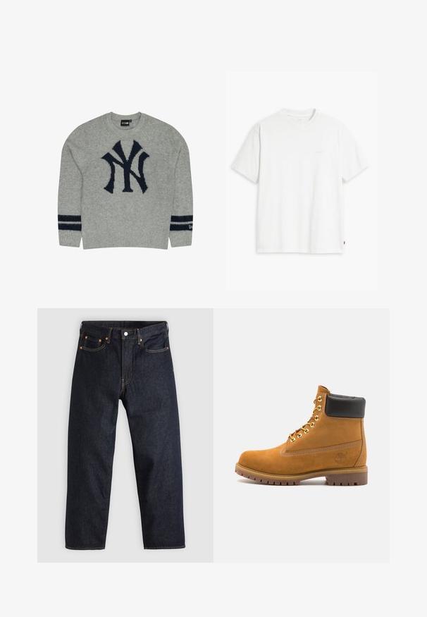 Szary, dzianinowy sweter z niebieskim logo NY na piersi oraz dwoma niebieskimi paskami na rękawach. Ribowane mankiety i detal u dołu.; Biała bawełniana koszulka z krótkim rękawem, okrągłym dekoltem i dyskretnym logo Levi's nadrukowanym na środku. Miękka tekstura i standardowy krój.; Granatowe dżinsy w prostym kroju, z pięcioma kieszeniami, kontrastującymi pomarańczowymi szwami oraz zapięciem na guzik. Brak widocznych wzorów lub zdobień.; Beżowe zamszowe botki sięgające kostki z czarną wyściełaną krawędzią, złotymi oczkami, białymi detalami szycia oraz wytrzymałą gumową podeszwą z wyraźnym bieżnikiem.