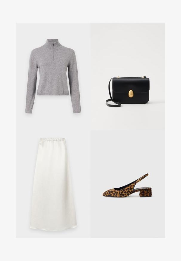 Pilkas mezginys su aukštu apykakle ir priekiniais užtrauktuku. Turi ilgus rankovės ir šiek tiek sutrumpintą ilgį. Lygus tekstūra ir raukšlėta apdaila.; Balta, kulkšnių ilgio sijonas, pagamintas iš lygaus, lengvo audinio, su raukšlėtu juosmeniu ir subtiliu tekstūruotu paviršiumi.; Moters leopardų rašto bateliai su žemu bloku įkulniu ir auksine sagtimi šone, parodyti šoniniame profilyje ant vientisos fono.; Juodas odinis rankinukas su struktūrine stačiakampio forma. Yra auksinė ovali sagtis ir plona petneša. Glotni tekstūra.