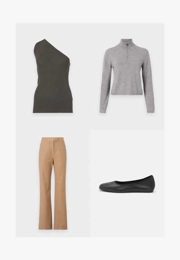Grå strikkegenser med høy krage og glidelås foran. Har lange ermer og en litt kortere lengde. Glatt tekstur og ribbet kant.; Asymmetrisk topp med én skulder i mørkegrønn ribbet stoff, tettsittende silhuett, sømløse kanter, med rynkedetalj nær skulderen.; Beige skreddersydde bukser med en utsvingt silhuett, laget av glatt stoff, med frontknapplukking og to sidelommer.; Svart skinnballettflatt med rund tå, glatt tekstur, minimal sømdetalj, og et fleksibelt såledesign.