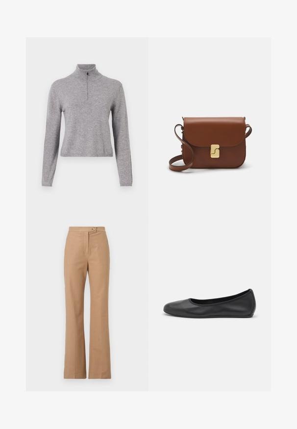 Pelēks adīts džemperis ar augstu apkakli un priekšējo rāvējslēdzēju. Tam ir garas piedurknes un nedaudz saīsināts garums. Gluda tekstūra un ribota apakšmala.; Beige pielēti bikses ar platāku siluetu, izgatavotas no gludas auduma, ar priekšējo pogu aizdari un divām sānu kabatām.; Melna ādas baleta kurpe ar noapaļotu purngalu, gludu tekstūru, minimālu šuvju detalizāciju un elastīgu zoles dizainu.; Bordo ādas rokas soma ar atloku, zeltītām detaļām, plecu siksnu un gludu virsmu. Kompakta, taisnstūrveida forma.