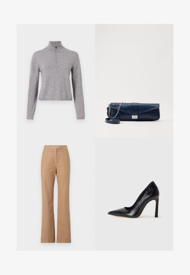 Pulover gri din tricot cu guler înalt și fermoar frontal. Are mâneci lungi și o croială ușor scurtă. Textură netedă și tiv ribat.; Pantaloni bej, tăiați, cu o siluetă evazată, confecționați dintr-un material neted, având închidere cu un buton frontal și două buzunare laterale.; Pantofii cu toc înalt, ascuțiți, de culoare neagră, cu textură de piele de crocodil, având un design elegant, toc în stil stiletto și interior neted de culoare neagră.; Plică din piele de culoare bleumarin, cu textură de crocodil, curea din lanț argintie și clapetă metalică. Formă rectangulară cu design pliabil.