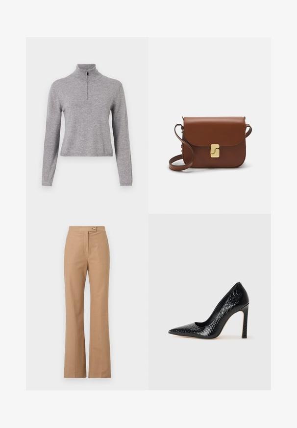 Pull en maille gris avec un col montant et une fermeture éclair à l'avant. Doté de manches longues et d'une longueur légèrement coupée. Texture lisse et ourlet côtelé.; Pantalons beiges ajustés avec une silhouette évasée, fabriqués dans un tissu lisse, comportant une fermeture à bouton sur le devant et deux poches latérales.; Escarpin noir à bout pointu avec texture en cuir de crocodile, présentant un design élégant, un haut talon aiguille et un intérieur noir lisse.; Sac à main en cuir marron avec une fermeture à rabat, des accents en métal doré, une bandoulière et une texture lisse. Forme rectangulaire compacte.