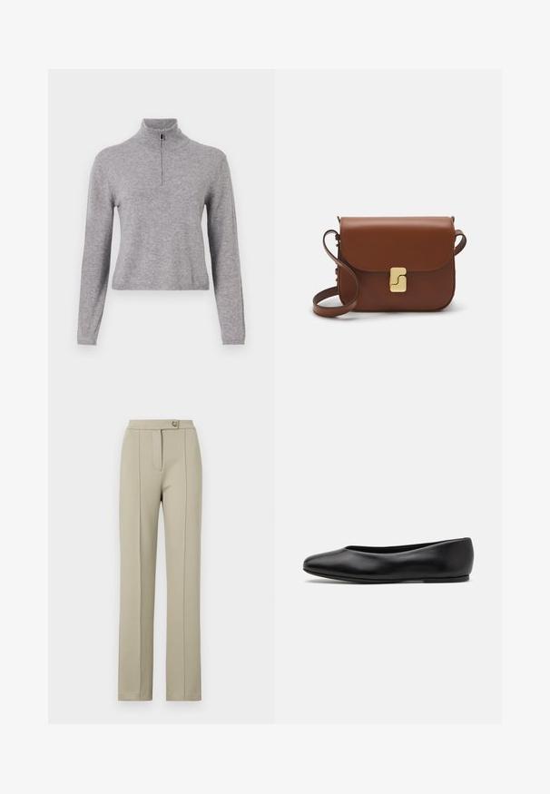 Grijze gebreide trui met een hoge kraag en een ritssluiting aan de voorkant. Heeft lange mouwen en een iets cropped lengte. Gladde textuur en geribbelde zoom.; Beige op maat gemaakte broek met een rechte pasvorm, voorzien van een ritssluiting aan de voorkant, een enkele knoopsluiting en subtiele persplooien langs de voorkanten van de broekspijpen.; Paul Smith TOPANGA - Ballerina's - black; Bruine leren handtas met een klep sluiting, gouden hardware, een schouderband en een gladde textuur. Compact rechthoekige vorm.