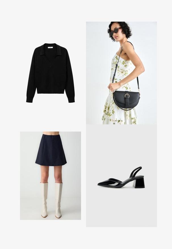 Maglione nero a collo V con colletto. Realizzato in tessuto morbido, presenta maniche lunghe e una vestibilità comoda.; Gonna A-line blu navy con righe verticali, design plissettato e vita elastica. Abbinata a stivali bianchi lucidi al ginocchio.; Décolleté in vernice nera con punta affusolata e tacco in geometria cubica. Presentano un design elegante e minimalista, con una texture liscia.; Borsa a tracolla nera in pelle con una forma curva, manico rimovibile e accessori dorati. La borsa presenta una patta con un dettaglio a fibbia.