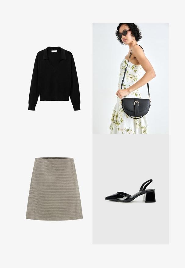 Crni pulover s dizajnom u obliku V i ovratnikom. Izrađen od mekanog materijala, ima dugačke rukave i opušteni kroj.; A-linijska suknja u sivoj boji s malim kvadratnim uzorkom. Ima glatku teksturu i čistu pojasnicu. Pada iznad koljena.; Crne lakirane kožne sandale s otvorenom petom i špicastim vrhom, s geometrijskom blok petom. Imaju elegantan, minimalistički dizajn i glatku teksturu.; Crna kožna torba s lukovitim oblikom, odvojivim remenom i zlatnim detaljima. Torba ima preklop s kopčom.