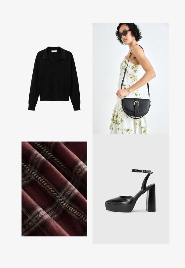 Black pullover sweater with a V-neck design and a collar. Made of soft fabric, it features long sleeves and a relaxed fit.; Plaid fabric in burgundy and gray, showcasing a soft texture with prominent black and cream lines and a woven pattern throughout.; Black platform heels with a pointed toe and adjustable ankle strap. Constructed from smooth leather, featuring a chunky block heel.; Black leather handbag with a curved shape, detachable strap, and gold hardware. The bag features a flap with a buckle detail.