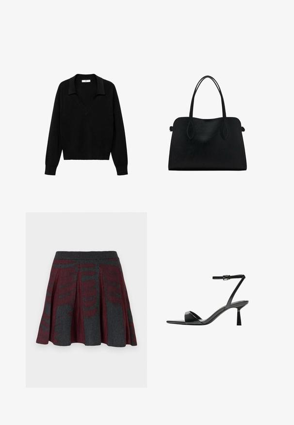 Zwarte pullover trui met een V-hals ontwerp en een kraag. Gemaakt van zachte stof, met lange mouwen en een ontspannen pasvorm.; Gebreide geplooide mini-jurk met een bordeauxrood en donkergrijs abstract patroon en geribbelde tailleband.; Bershka Sandalen met hoge hak - black; Zwarte leren handtas met dubbele schouderriemen, rechthoekige vorm en minimalistisch ontwerp op een witte achtergrond.