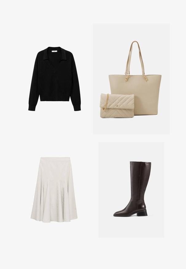 Zwarte pullover trui met een V-hals ontwerp en een kraag. Gemaakt van zachte stof, met lange mouwen en een ontspannen pasvorm.; Crèmekleurige uitlopende rok van een soepele stof, met plooien voor volume en een eenvoudig, onopgesmukt ontwerp.; Kniehoge bruine leren laarzen met een gladde afwerking, ronde neus en een gestapelde zwarte hak. Eenvoudig ontwerp met minimale hardwaredetails.; Beige shoppers tas met platte handvatten, een gladde textuur en gouden accenten, gecombineerd met een bijpassende doorgestikte clutch met een kettingband.