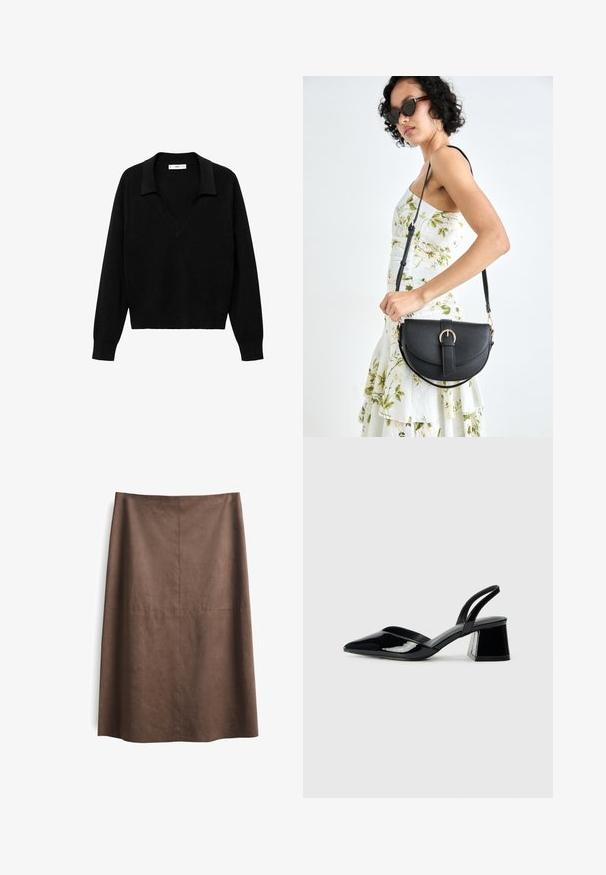 Maglione nero a collo V con colletto. Realizzato in tessuto morbido, presenta maniche lunghe e una vestibilità comoda.; Gonna A-line in suede marrone con texture liscia, lunghezza al ginocchio e dettagli delle cuciture sottili. Nessun hardware o accento visibile.; Décolleté in vernice nera con punta affusolata e tacco in geometria cubica. Presentano un design elegante e minimalista, con una texture liscia.; Borsa a tracolla nera in pelle con una forma curva, manico rimovibile e accessori dorati. La borsa presenta una patta con un dettaglio a fibbia.