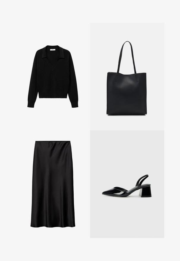 Pull noir avec un col en V et un col. Fabriqué en tissu doux, il possède des manches longues et une coupe décontractée.; Jupe en satin noir avec une texture lisse et brillante, présentant une coupe simple et droite ainsi qu'une taille élastique pour un ajustement sécurisé.; Escarpins en cuir verni noir avec bout pointu et talon bloc géométrique. Présente un design élégant et minimaliste ainsi qu'une texture lisse.; Sac fourre-tout en cuir noir avec une texture lisse, de forme rectangulaire et deux longues poignées. Pas de matériel ou d'ornementations visibles.