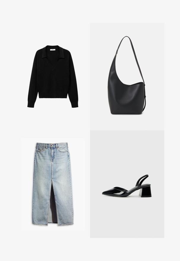 Pulover negru cu design în formă de V și guler. Fabricat dintr-un material moale, acesta are mâneci lungi și o croială lejeră.; Fustă din denim de culoare bleu deschis, cu o deschidere frontală, design cu cinci buzunare și închidere cu buton. Are un material ușor estompat și margini bruturi.; Pantofi cu toc slingback din piele lacuită neagră, cu vârf ascuțit și toc geometric. Prezintă un design elegant, minimalist și o textură netedă.; Geantă hobo din piele neagră, cu o textură netedă, formă curbată și un singur bretele ajustabil; are o deschidere largă în partea de sus.