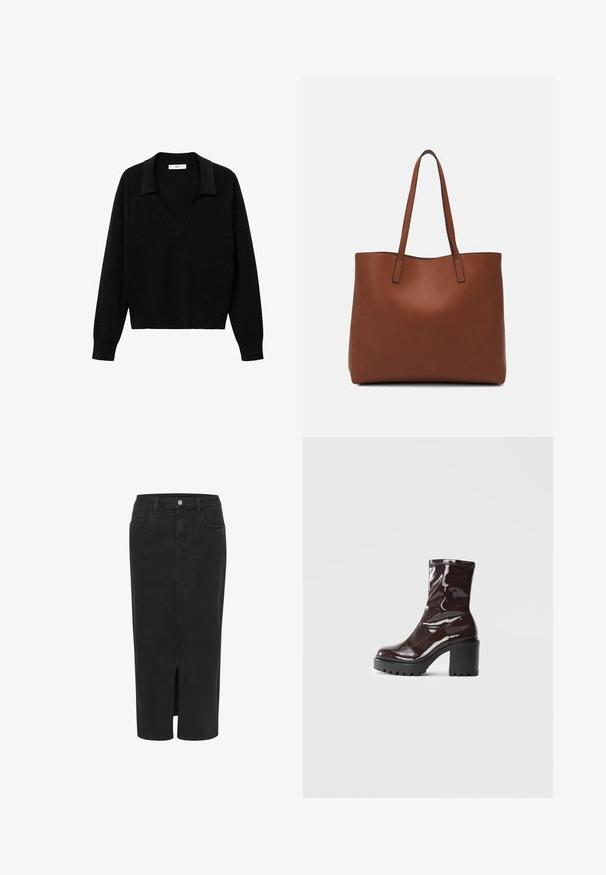 Pull noir avec un col en V et un col. Fabriqué en tissu doux, il possède des manches longues et une coupe décontractée.; Jupe midi en denim noir avec fente frontale, coupe droite, cinq poches, fermeture à bouton et passants de ceinture. Texture douce et design classique.; Bottines bordeaux brillantes à talon épais noir, avec une texture lisse et un design simple. Aucune fermeture visible ni motifs.; Sac fourre-tout en cuir marron avec une texture lisse, design à ouverture supérieure et deux poignées pour le porter à l'épaule. Présente des coutures minimales et aucun matériel visible.