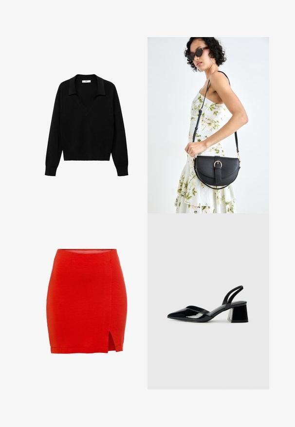 Črn pulover s V-izrezom in ovratnikom. Narejen iz mehkega materiala, ima dolge rokave in sproščen kroj.; Bela bombažna majica s kratkimi rokavi in okroglo ovratnikom. Preprost dizajn, ohlapen kroj, gladka tekstura. Brez vzorcev ali vidnih poudarkov.; Rdeče pletena krila s oprijetim dizajnom, z bočno odprtino in robom, ki se konča tik nad srednjo stegnom. Gladka tekstura, preprosta konstrukcija.; Črne lakirane slingback pete s koničastim nosom in geometrijsko blokasto peto. Imajo eleganten, minimalističen dizajn in gladko teksturo.; Črna usnjena torbica s ukrivljeno obliko, z odstranljivo naramnico in zlatimi dodatki. Torbica ima pokrov s podrobnostmi v obliki zaponke.