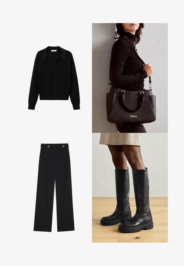 Črn pulover s V-izrezom in ovratnikom. Narejen iz mehkega materiala, ima dolge rokave in sproščen kroj.; Črne široke hlače s visokim pasom, gumbnimi detajli na pasu in sprednjimi gubami.; Črne usnjene škornje do kolen z gladko teksturo, ki imajo debel gumijast podplat in stranski zadrgo za enostavno obuvanje.; Črna torbica z teksturirano površino, z dvema zgornjima ročajema in nastavljivim ramenskim pasom. Ima zlatovrateče dodatke in stranske žepe.