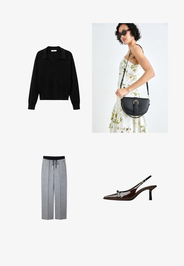 Black pullover sweater with a V-neck design and a collar. Made of soft fabric, it features long sleeves and a relaxed fit.; Gray sweatpants with a drawstring black waistband, side pockets, and pleated design; made of soft, textured fabric with a relaxed fit.; Brown patent leather slingback shoe with pointed toe, low heel, and a decorative bow accent on the front. Smooth, shiny texture.; Black leather handbag with a curved shape, detachable strap, and gold hardware. The bag features a flap with a buckle detail.