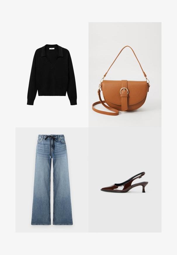 Črn pulover s V-izrezom in ovratnikom. Narejen iz mehkega materiala, ima dolge rokave in sproščen kroj.; Široke jeans hlače iz svetlo modrega denima z blagim vintage izgledom. Opremljene so z nastavljivim pasom z črnim vrvico in tradicionalnimi žepi.; Rjavi lakirani slingback čevelj z ostro konico in zmerno peto. Ima zaponko za varno prileganje. Gladka tekstura.; Rjava usnjena torbica prek telesa s ukrivljeno obliko, zlate opreme in sponko. Ima odstranljiv naramni trak.