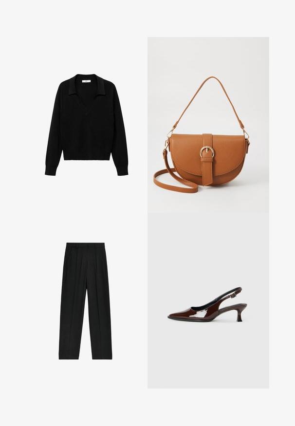 Zwarte pullover trui met een V-hals ontwerp en een kraag. Gemaakt van zachte stof, met lange mouwen en een ontspannen pasvorm.; Zwarte, high-waisted broek met een rechte pijp design, voorzien van plooien en zijzakken, gemaakt van een lichtgewicht stof.; Bruine gepatineerde leren slingback-schoen met een spitse neus en een gematigd hakje. Voorzien van een gespsluiting voor een veilige pasvorm. Glad van textuur.; Bruine leren schoudertas met een gebogen vorm, gouden hardware en een gespaccent. Bevat een afneembare schouderriem.