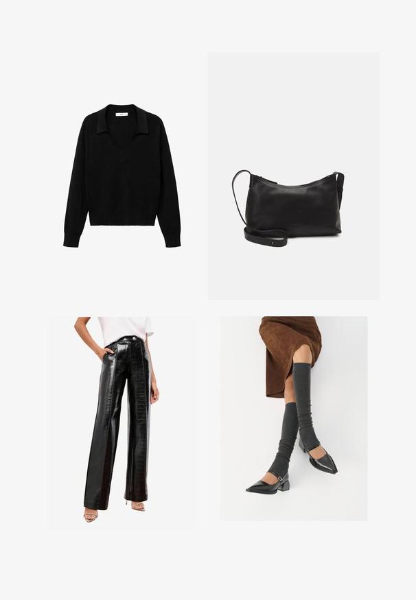 Černý svetr s V-výstřihem a límcem. Vyroben z měkké tkaniny, má dlouhé rukávy a volný střih.; Černé vysoké kalhoty vyrobené z lesklé umělé kůže, s krokodýlím vzorem, bočními kapsami a rovnými nohavicemi.; Černé lakované boty s špičatou špičkou, blokovým podpatkem a kotníkovým páskem, spárované s šedými žebrovanými návleky na nohy a hnědskou sukní z semiše.; Černá kožená taška přes rameno s hladkým povrchem, zakřiveným tvarem, nastavitelným popruhem a zipovým uzávěrem. Minimalistický design bez zdobení.