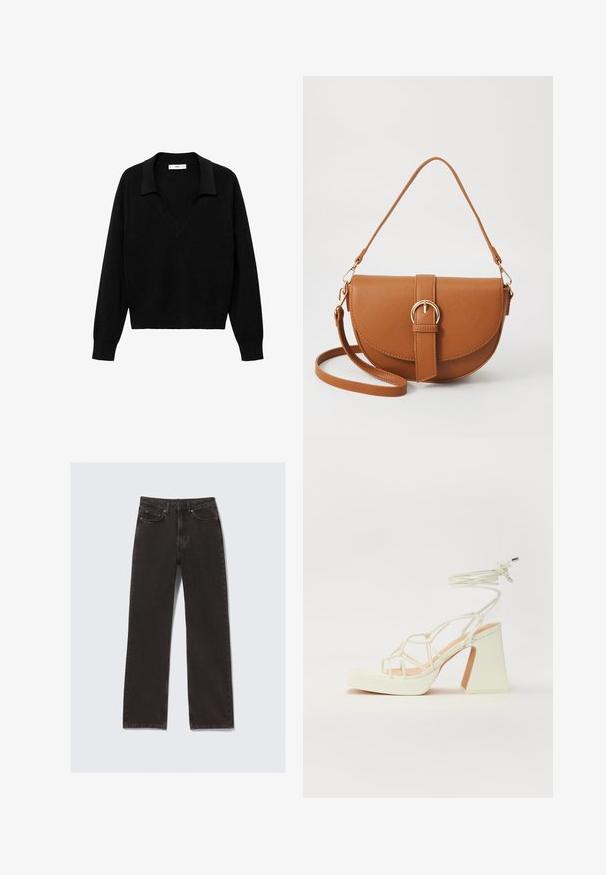 Black pullover sweater with a V-neck design and a collar. Made of soft fabric, it features long sleeves and a relaxed fit.; Black denim jeans with a straight cut, featuring front pockets, belt loops, and subtle stitching details. Crafted from durable cotton material.; White high-heeled sandal with a chunky heel, featuring a strappy design and ankle tie. Smooth texture with a platform front for added height.; Brown leather crossbody bag with a curved shape, gold hardware, and a buckle accent. Features a detachable shoulder strap.