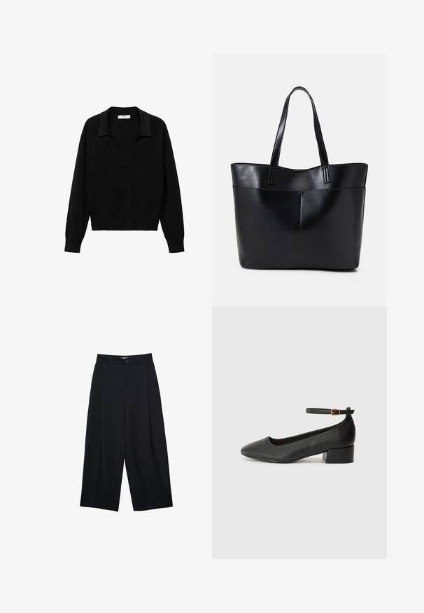 Maglione nero a collo V con colletto. Realizzato in tessuto morbido, presenta maniche lunghe e una vestibilità comoda.; Pantaloni neri a gamba larga realizzati in tessuto morbido, con chiusura frontale a bottone, pieghe e tasche laterali per una maggiore praticità.; Pump in pelle nera con punta affusolata e tacco basso a blocco. Presenta una cinghia alla caviglia con una fibbia in tonalità oro. Texture liscia.; Borsa a tracolla in pelle nera con due manici lunghi, una texture liscia e una forma strutturata. Presenta una tasca frontale per ulteriore spazio di archiviazione.