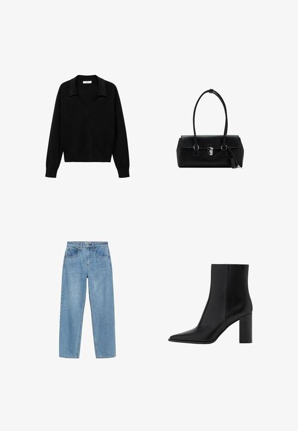 Črn pulover s V-izrezom in ovratnikom. Narejen iz mehkega materiala, ima dolge rokave in sproščen kroj.; Svetlo modri traper hlače s ravnim krojem, visokim pasom, dvema sprednjima žepoma in klasičnim gumbom za zapiranje. Rahlo zbledene in brez okrasnih elementov.; Črne usnjene gležnjarje z ostrim nosom, kvadratno peto, gladko teksturo in šivi ob šivih. Pete merijo približno 3,5 palca.; Črna usnjena torbica z gladko teksturo, strukturirano zasnovo, dvema ročkama in s srebrnim sponko na sredini.