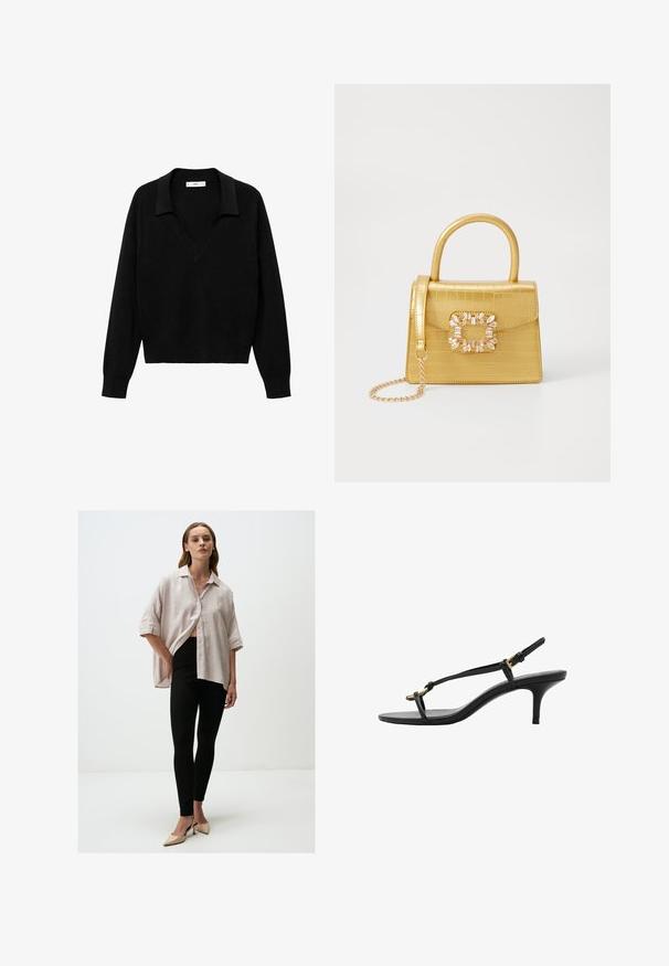 Czarny sweter typu pulower z dekoltem w serek i kołnierzykiem. Wykonany z miękkiego materiału, posiada długie rękawy i luźny krój.; Jasnoróżowa, oversize koszula z krótkim rękawem, z zapięciem na guziki, w połączeniu z czarnymi legginsami i nude szpilkami. Proste, gładkie tekstury.; Czarne skórzane sandały na koturnie z cienkimi paskami, złotą klamrą i minimalistycznym pętelką na palce na białym tle.; Żółta torebka z faux-krokodylka o wyrafinowanej konstrukcji, z górnym uchwytem, odpinanym łańcuszkiem oraz dekoracyjnym kryształowym zdobieniem na zapięciu.; Złote metalowe kolczyki o eleganckim, zakrzywionym kształcie. Posiadają charakterystyczny szpiczasty kształt, polerowaną powierzchnię oraz zapięcie na zawias.