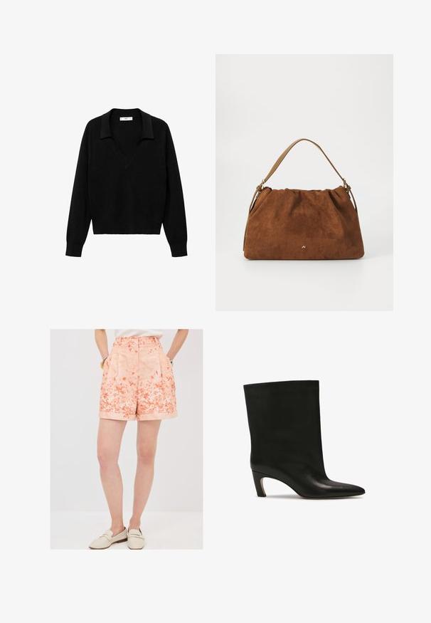 Zwarte pullover trui met een V-hals ontwerp en een kraag. Gemaakt van zachte stof, met lange mouwen en een ontspannen pasvorm.; Koraloranje shorts met bloemenpatroon, voorzien van plooien en omgeslagen zomen. Gemaakt van een lichtgewicht stof en uitgerust met twee zijzakken voor extra gemak.; Zwarte leren enkelboot met een spitse neus en een taps toelopende hak, met een soepele textuur en een naadloos ontwerp.; Bruine suède handtas met een geplooid ontwerp, voorzien van een enkele tan kleur leren schouderband en een subtiele gouden logo-detail aan de voorkant.