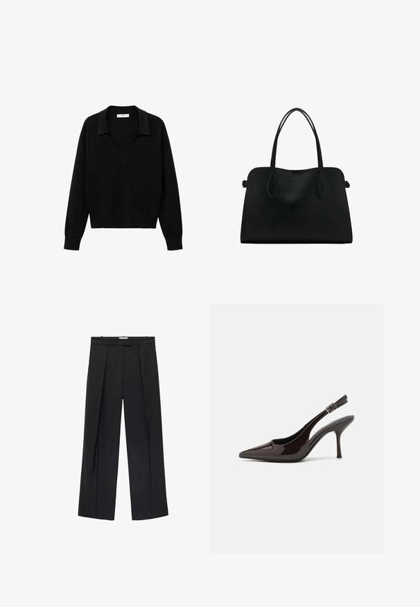 Pulover negru cu design în formă de V și guler. Fabricat dintr-un material moale, acesta are mâneci lungi și o croială lejeră.; Pantaloni largi negri dintr-un material fin, cu pliuri frontale, închidere cu fermoar și bucle pentru curea, oferind o siluetă bine definită.; Pantof cu toc înalt Slingback din piele sintetică lucioasă de culoare maro închis, vârf ascuțit, laterale deschise și curea ajustabilă la glezne.; Geantă din piele neagră cu două mânere pentru umăr, formă rectangulară și design minimalistic pe un fundal alb.