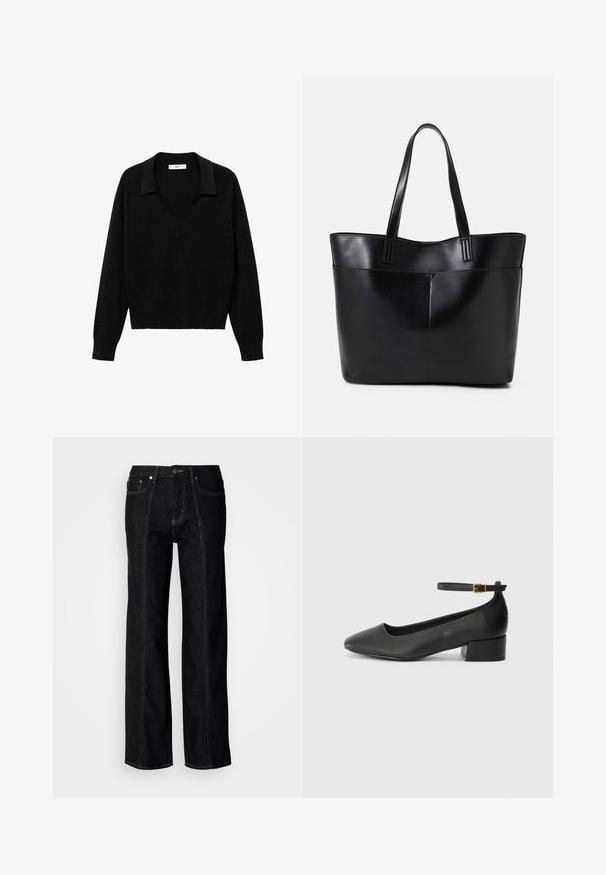 Čierny pulóver so vzorom V-krku a golierom. Vyrobený z mäkkej látky, má dlhé rukávy a voľný strih.; Čierne džíny s širokými nohavicami z denimu, s viditeľným šitím, zapínaním na gombík a dvoma prednými vreckami. Hladký povrch s rovnými nohavicami.; Čierne kožené lodičky s špicatou špičkou a nízkym blokovým podpätkom. Obsahuje remienok okolo členka so zlatým prackou. Hladký povrch.; Čierna kožená tote taška s dvoma dlhými rúčkami, hladkým povrchom a štruktúrovaným tvarom. Obsahuje prednú kapsu pre dodatočné uskladnenie.
