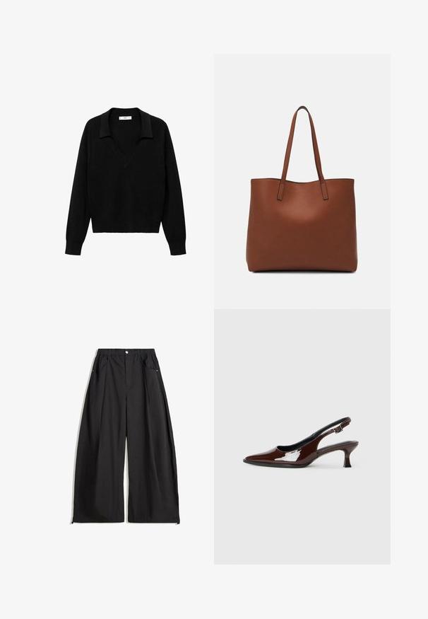 Crni pulover s dizajnom u obliku V i ovratnikom. Izrađen od mekanog materijala, ima dugačke rukave i opušteni kroj.; Crne hlače širokih nogavica s visokim strukom, s nabora, prednjim zatvaranjem na dugme i dva bočna džepa. Izrađene su od tkanine s teksturiranim završetkom.; Smeđe patentne kožne cipele s otvorenom petom, špicastim vrhom i umjerenom petom. Imaju remen s kopčom za sigurno pristajanje. Glatka tekstura.; Smeđa kožna torba preko ramena s glatkom teksturom, otvorenim vrhom i dvjema naramenicama. Ima minimalne šavove i nema vidljivog hardvera.