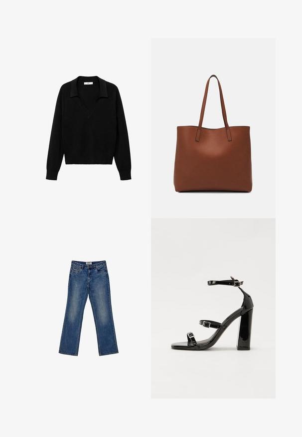 Črn pulover s V-izrezom in ovratnikom. Narejen iz mehkega materiala, ima dolge rokave in sproščen kroj.; Istrošeni modri jeans z ravnim krojem, petimi žepi in diskretnim postranskim nagubanim izgledom na sprednji strani. Zapenjanje z zgornjim gumbom in zadrgo.; Črne lakaste sandale z visokimi petami, z dvema trakovoma z zaponkama, kvadratnim sprednjim delom in masivno širšo peto, z gladko, sijočo teksturo.; Rjava usnjena torba z gladko teksturo, odprto zasnovo zgoraj in dvema naramnima trakovoma. Opremljena je z minimalnim šivanjem in brez vidnih kovinskih delov.