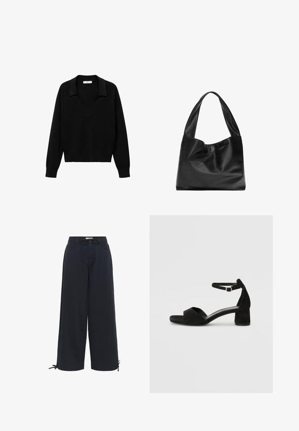 Crni pulover s dizajnom u obliku V i ovratnikom. Izrađen od mekanog materijala, ima dugačke rukave i opušteni kroj.; Crne široke hlače izrađene od mekane tkanine, s elastičnim remenom u struku i podesivim vezicama na gležnjevima za prilagodljivu veličinu.; Crne zamšaste sandale s potpeticom s tankim remenom za gležanj, otvorenim nožnim prstima i umjerenom blok petom. Glatka tekstura i minimalni detalji.; Crna kožna torba s mekanim, opuštenim dizajnom, širokim drškama i glatkom teksturom. Nema vidljive opreme ili ukrasa.