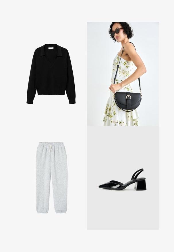 Černý svetr s V-výstřihem a límcem. Vyroben z měkké tkaniny, má dlouhé rukávy a volný střih.; Šedé tepláky vyrobené z měkké látky, s elastickým pasem na šňůrku a elastickými manžetami na kotnících.; Černé lakované kožené lodičky na pásku s špičatou špičkou a geometrickým blokovým podpatkem. Vyznačují se elegantním, minimalistickým designem a hladkým povrchem.; Černá kožená kabelka s křivkovým tvarem, odnímatelným popruhem a zlatými detaily. Kabelka má klopu s přezkou.