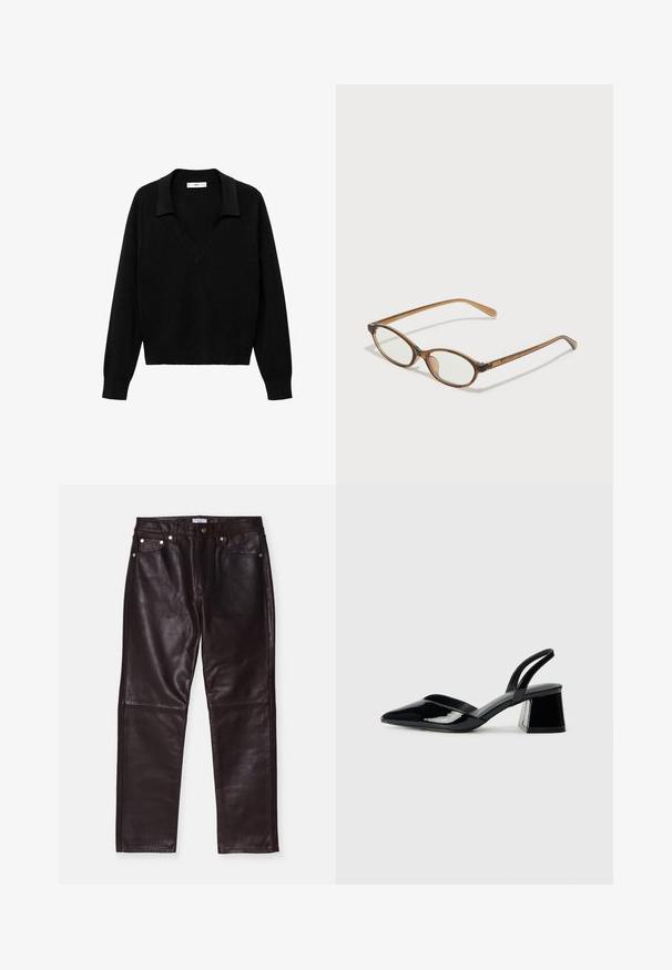 Črn pulover s V-izrezom in ovratnikom. Narejen iz mehkega materiala, ima dolge rokave in sproščen kroj.; Rjave usnjene hlače z gladko teksturo, ki imajo štiri žepe, zadrgo in kovinske podrobnosti. Oblika z ravnimi nogavicami.; Črne lakirane slingback pete s koničastim nosom in geometrijsko blokasto peto. Imajo eleganten, minimalističen dizajn in gladko teksturo.; Rjavo želvovina očala z ovalnimi lečami, tankimi ročaji in prosojnimi detajli. Imajo subtilen logo na templetu. Eleganten, lahek dizajn.