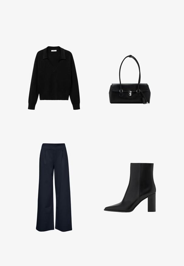 Pull noir avec un col en V et un col. Fabriqué en tissu doux, il possède des manches longues et une coupe décontractée.; Pantalons à jambes larges en tissu extensible bleu marine, dotés d'une taille lisse et de deux poches avant, avec une coupe décontractée et un design longueur complète.; Botte chelsea en cuir noir avec un bout pointu, un talon carré, une texture lisse et des détails de couture le long des coutures. Les talons mesurent environ 8,9 cm.; Sac à main en cuir noir avec une texture lisse, au design structuré, doté de deux poignées et d'un détail en métal argenté au centre.