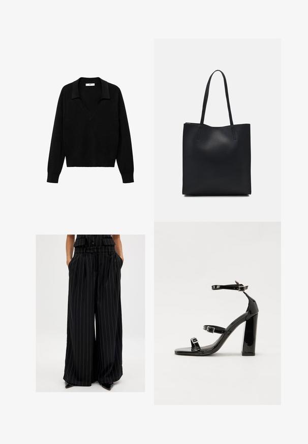 Mustapullovaihtoehto, jossa on V-pääkalloneula ja kaulus. Valmistettu pehmeästä kankaasta, se sisältää pitkät hihat ja rennon istuvuuden.; Mustat leveälahkeiset housut, valmistettu sileästä kankaasta, jossa on pystysuorat raidat. Varustettu vyöllä ja sivutaskuilla.; Musta kiiltäväpintainen korkokengät, joissa on kaksi solkikiinnitystä, neliönmuotoinen kärki ja paksu korko, sileällä, kiiltävällä pintarakenteella.; Mustapahkainen kangaskassi, jossa on sileä pinta, suorakaiteen muotoinen ja kaksi pitkää kahvaa. Ei näkyvää metalliosaa tai koristeita.