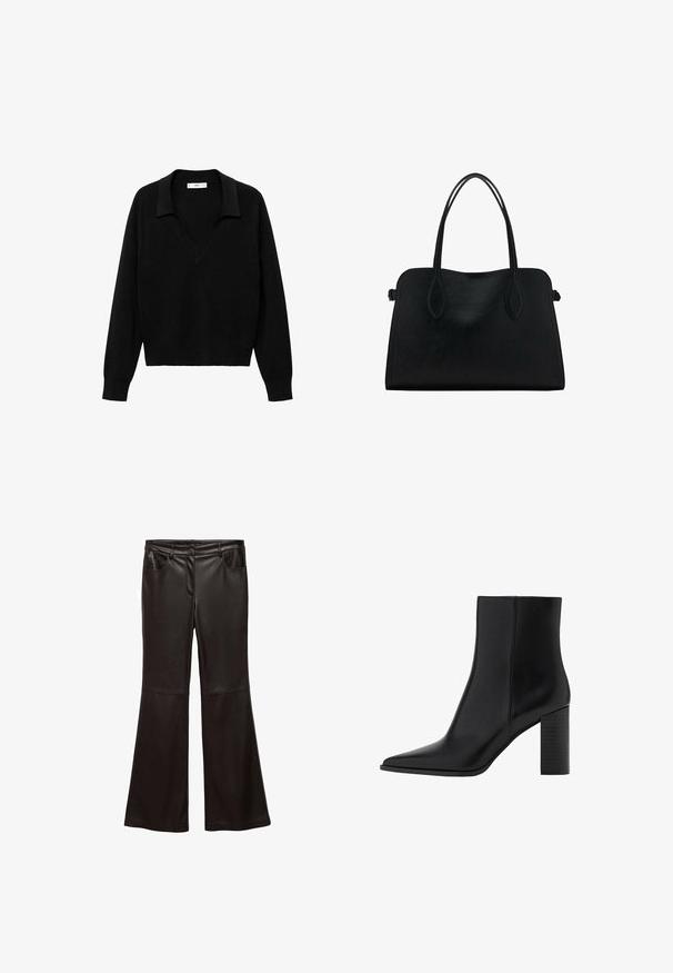 Black pullover sweater with a V-neck design and a collar. Made of soft fabric, it features long sleeves and a relaxed fit.; Black faux leather flared pants with a smooth texture, featuring front pockets, a zipper fly, and a fitted waist.; Black leather ankle boot with a pointed toe, square heel, smooth texture, and stitching details along the seams. Heels measure approximately 3.5 inches.; Black leather handbag with dual shoulder straps, rectangular shape, and minimalistic design on a white background.