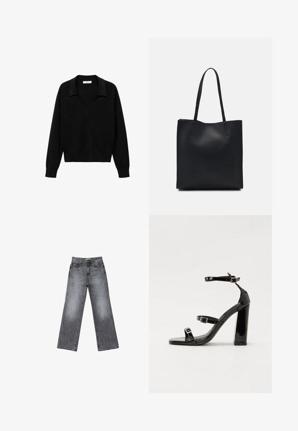 Maglione nero a collo V con colletto. Realizzato in tessuto morbido, presenta maniche lunghe e una vestibilità comoda.; Jeans in denim scuro a gamba larga con finitura sbiadita, cinque tasche, chiusura con bottone e dettagli di cucitura sottili lungo le cuciture.; Sandali con tacco in vernice nera, con punta squadrata, cinturini alla caviglia e fibbie in argento. Presentano un tacco a blocco spesso per maggiore stabilità.; Borsa tote in pelle nera con texture liscia, forma rettangolare e due manici lunghi. Nessun hardware o decorazione visibile.