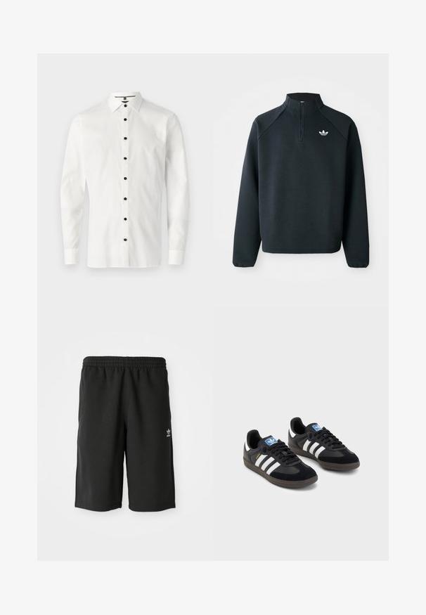 Juodas ketvirčio užtrauktuko megztinis, pagamintas iš minkštos medžiagos, su raglaniniu rankovėmis ir baltu logotipu ant krūtinės. Rankogaliai yra elastiniai.; Balta ilga rankovė marškiniai, pagaminti iš lygaus audinio, su mygtukų apykakle ir šešiais juodais mygtukais priekyje.; Juodi medvilniniai šortai su elastinga juosta, šoninėmis siūlėmis ir mažuoju baltu logo ant kairės kojos. Lygi tekstūra, iki kelių ilgio dizainas.; Juodi sportiniai bateliai su zomšos ir sintetine viršutine dalimi, turintys tris baltas juosteles, tekstūruotą gumos pado paviršių ir mėlyną logotipo etiketę ant liežuvėlio.