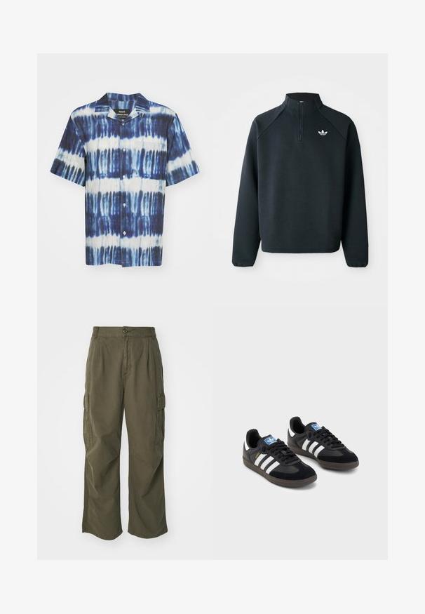 Černá mikina s krátkým zipem vyrobená z měkké tkaniny, s raglánovými rukávy a bílým logem na hrudi. Rukávy mají elastické manžety.; Košile s krátkým rukávem s modro-bílým tie-dye vzorem, vyrobena z hladkého materiálu a s jednou kapsou na prsou.; Bílé bavlněné trička s krátkým rukávem, design s kulatým výstřihem, jednobarevná textura, naskládána do řady, s jemným brandingem na výstřihu.; Olivové cargo kalhoty z bavlny, s širokým střihem, sklady a postranními kapsami pro praktičnost.; Černé tenisky s vrškem z semiše a syntetického materiálu, s třemi bílými pruhy, texturovanou gumovou podrážkou a modrou nášivkou loga na jazyku.