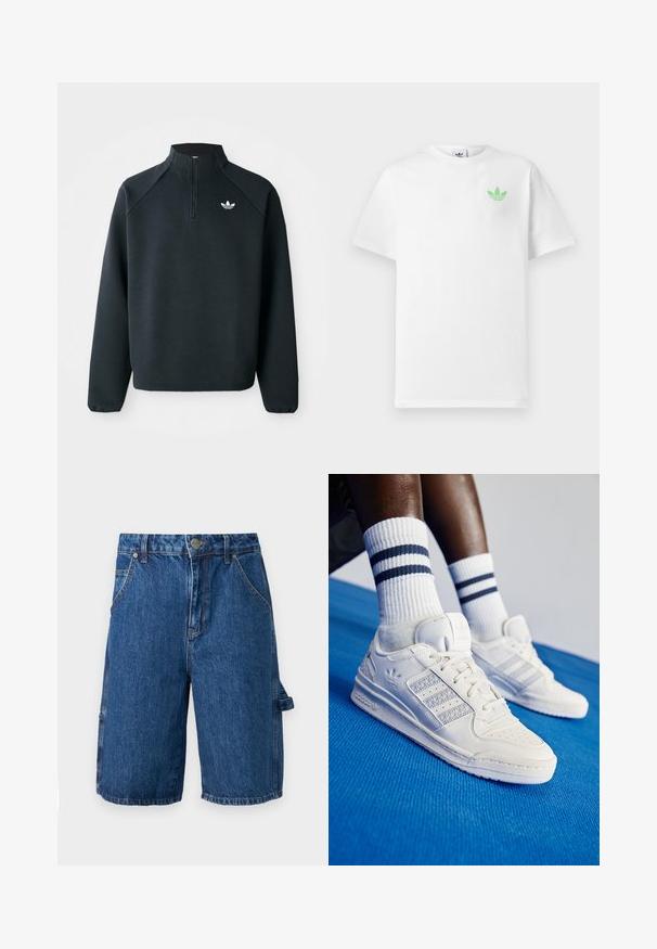 Melna puszipa mīksta auduma krekls ar raglan piedurknēm un balto logotipu uz krūtīm. Piedurknes ir elastīgas.; Balts kokvilnas T-krekls ar īsām piedurknēm, kuram ir neliels zaļš Adidas logo kreisajā krūtīs. Vienkāršs, klasiskas dizaina ar noapaļotu dekoltē.; Denim šorti vidēji zilā krāsā, ar augstu jostasvietu, divām priekšējām kabatām un sānu kabatu ar siksniņu. Gluda tekstūra, ikdienas dizains.; Baltas ādas sneakeri ar perforētiem akcentiem, trim metāliskiem svītrām un strukturētu sānu paneļu. Valkāti ar baltiem zeķēm, uz kurām ir zilas svītras.