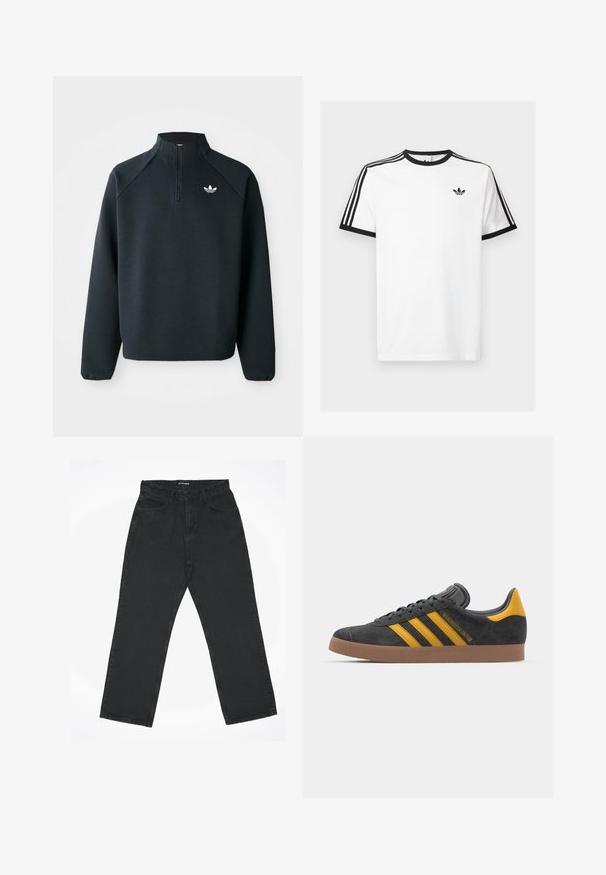 Melna puszipa mīksta auduma krekls ar raglan piedurknēm un balto logotipu uz krūtīm. Piedurknes ir elastīgas.; Balts kokvilnas t-kreklis ar melnu ribotu kaklu un piedurknēm, kuram uz katra pleca ir trīs melnas svītras un neliels logo krūtīs.; Melnas augsta vidukļa taisnas kājas džinsus ar priekšējiem kabatām un pogu aizdari, izklāti uz baltas fona.; Melnas zamšādas kedas ar dzelteniem akcentiem, kurām ir trīs svītras un brūna gumijas zole. Iekļauta mīksta valkāšanas tongue komfortam.