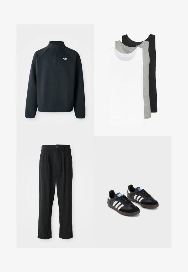 Sweatshirt preto com fecho de correr até ao peito, feito de um tecido suave, com mangas raglan e logótipo branco no peito. As mangas têm punhos elásticos.; Três t-shirts sem mangas em branco, cinza e preto. Cada uma apresenta um design clássico sem mangas, feita de um tecido de algodão leve com uma textura canelada.; Calças de linho pretas com um design de perna reta, apresentando um fecho de botão único, pregas na frente e bolsos laterais.; Sneakers pretos com parte superior em camurça e sintético, apresentando três riscas brancas, sola de borracha texturizada e etiqueta azul no linguete.