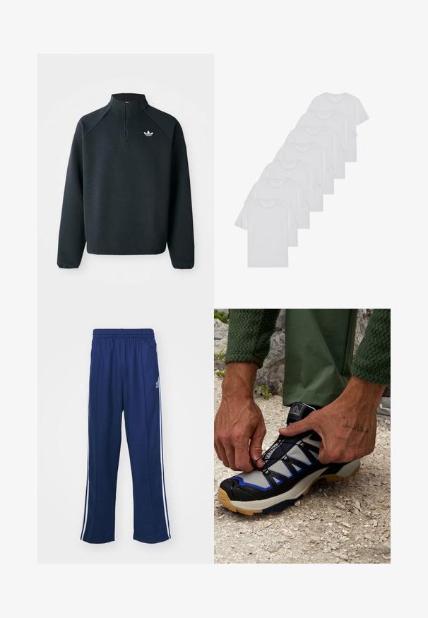 Svart kvartdraget sweatshirt i mjukt tyg, med raglanärmar och vitt logo på bröstet. Ärmarna har elastiska muddar.; Vita bomull T-shirts, korta ärmar, rundad halsdesign, slät textur, staplade i en rad, med subtil branding vid halsringningen.; Marinblå idrottsbyxor med avslappnad passform, med vita sidostråk och elastisk midja. Slät tyg, inga synliga mönster eller hårdvara.; Salomon X ULTRA 360 EDGE GTX - Hikingskor - gray violet/black/surf the web
