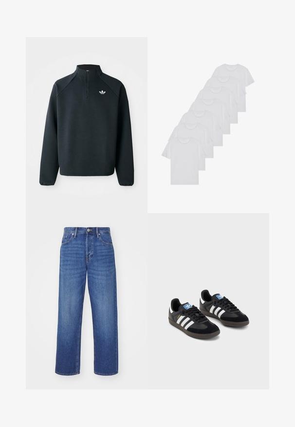 Sweat-shirt noir à zip quart en tissu doux, avec des manches raglan et un logo blanc sur la poitrine. Les poignets sont élastiques.; T-shirts en coton blanc, à manches courtes, design col rond, texture uniforme, empilés en rangée, avec un logo subtil au niveau de l'encolure.; Jean en denim bleu avec une coupe droite, cinq poches et une fermeture à bouton à l'avant. Le tissu présente un lavage classique avec un léger délavage.; Des baskets noires avec une tige en suède et en matériaux synthétiques, dotées de trois rayures blanches, d'une semelle en caoutchouc texturé et d'une étiquette de logo bleue sur la languette.